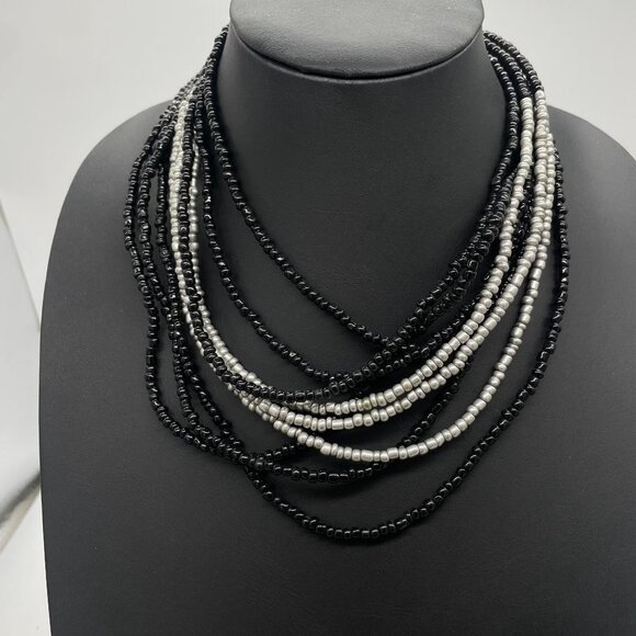 Rose Augustino Multi-Strand Beaded Layered Necklace Black and Silver Tone - Picture 3 of 6